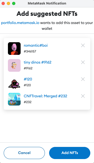 MetaMask wallet_watchAsset confirmation for multiple NFTs batch display